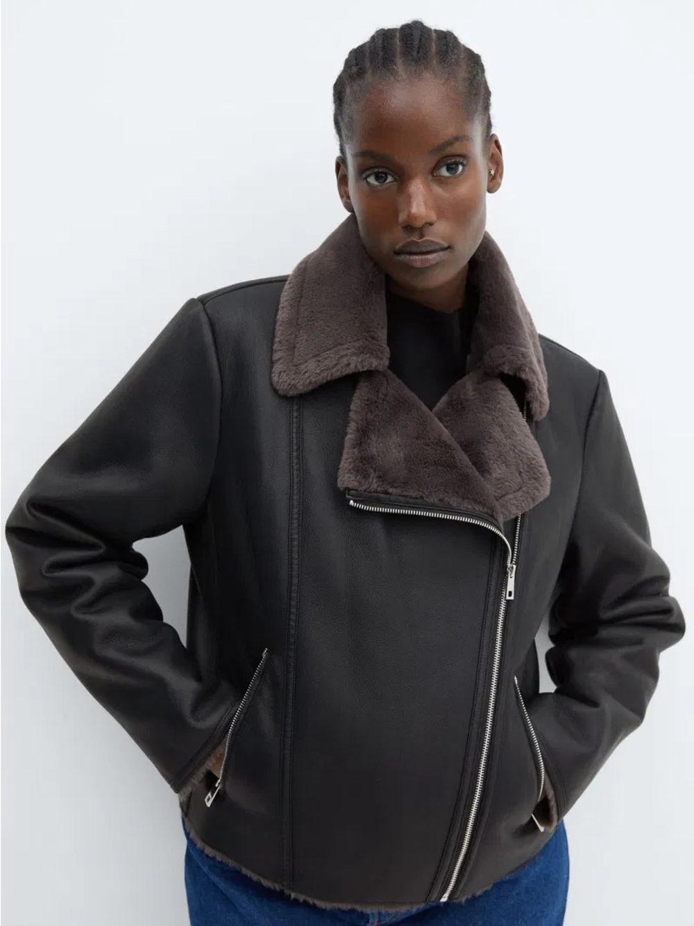 Mango Black Jacket with Dark Brown Faux-Shearling Collar